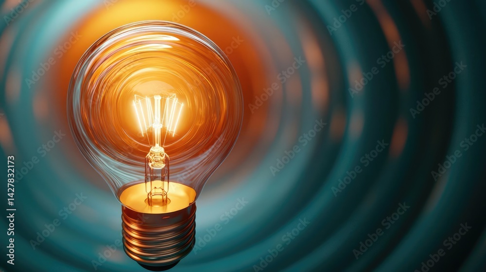 Poster explosion of lightbulb showing filament and invention concept. a glowing light bulb showcases innova