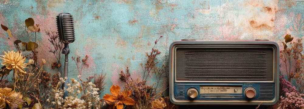 This vintage collage showcases a retro radio and an old microphone, elegantly surrounded by an array of dried flowers. The muted background enhances the nostalgic feel of the composition