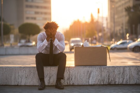Depressed job seeker sits dejectedly on a curb, facing unemployment.
