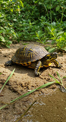 Obraz premium Turtle Walking on Sand Near Water in Natural Habitat