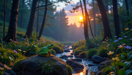 Obraz premium vibrant green frog sits on rock by serene stream in twilight forest, surrounded by blooming flowers and tall trees. soft sunlight filters through foliage, creating peaceful atmosphere