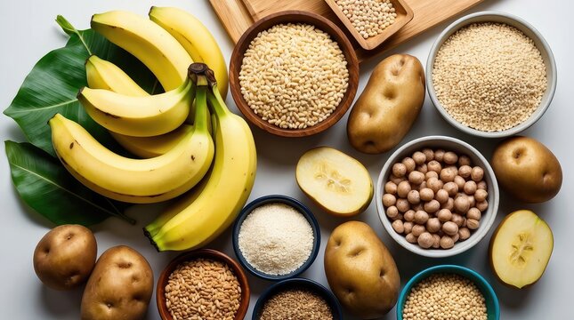 Fresh assortment of nutritious foods including bananas, potatoes, and grains promoting healthy digestion and starch resistant nutrition