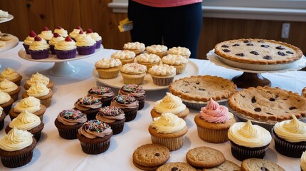 Various freshly baked goods displayed on table for charity bake sale. Cupcakes, cookies, pies assortment. Treats decorated with frosting, sprinkles. Homemade baking for fundraising event, tasty snack.