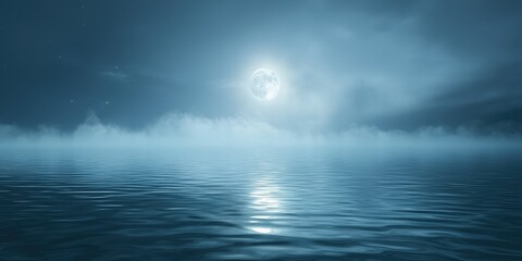 Obraz premium A foggy lake at night, where the moonâ€™s light filters through the mist.