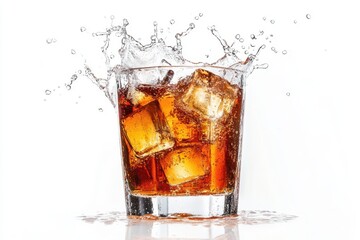 Glass of cola with ice and splash isolated on white background