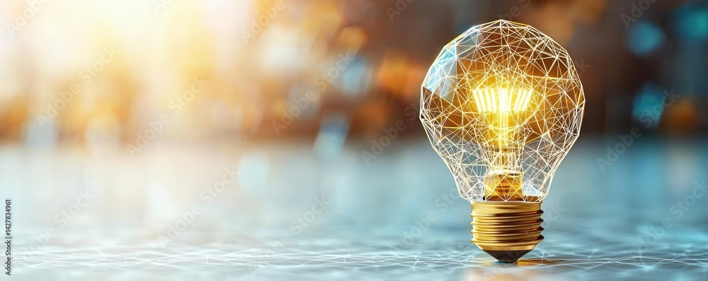 Poster Polygon lightbulb in business and idea exchange concept. Close-up of a glowing light bulb symbolizing innovation and ideas.