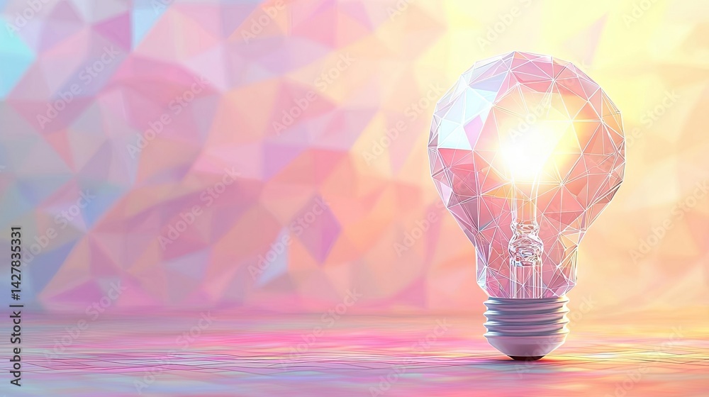 Poster Polygon lightbulb featuring lamp and network concept. Illuminated light bulb on a colorful geometric background.