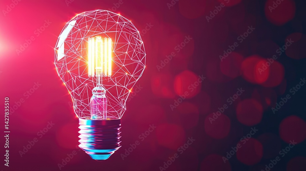 Poster polygon lightbulb featuring lamp and network concept. a glowing light bulb with a modern, geometric 