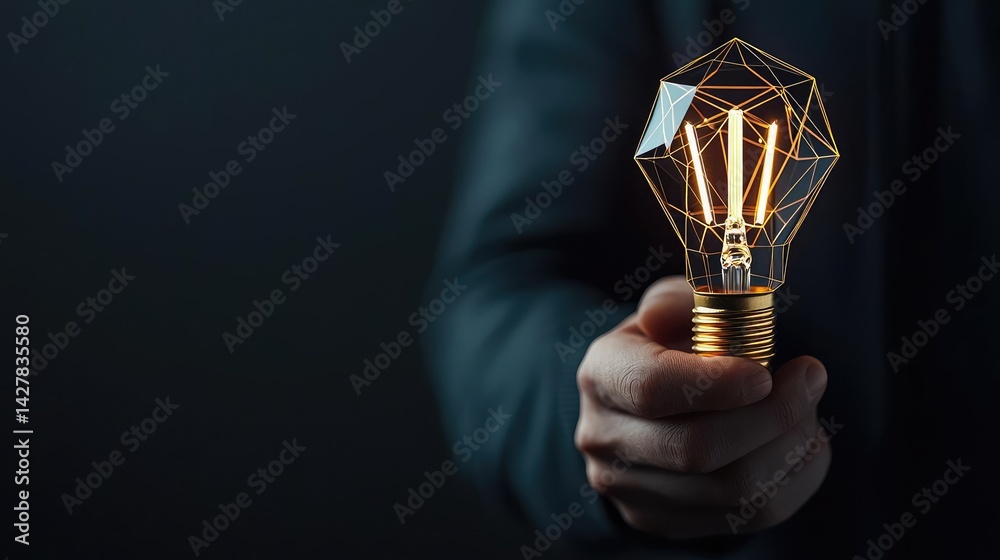 Poster polygon lightbulb in business and idea exchange concept. a person holds a glowing geometric light bu