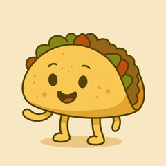 Cute and friendly taco cartoon character, featuring a crunchy taco shell filled with fresh toppings like lettuce and tomatoes. Perfect for food branding.