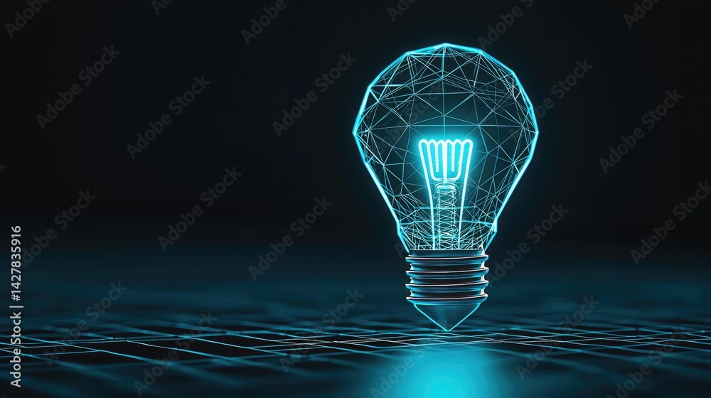 Poster polygon lightbulb featuring lamp and network concept. a futuristic glowing light bulb in a dark digi
