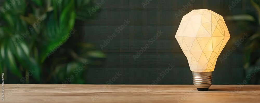 Poster polygon lightbulb in business and idea exchange concept. stylish geometric lamp casting warm light o