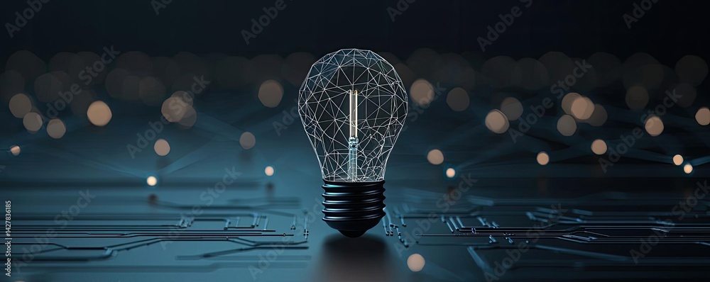 Poster Polygon lightbulb with innovation and exchange concept. A glowing light bulb on a circuit board background.