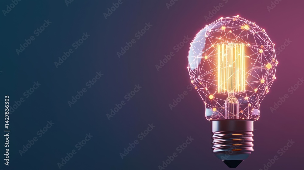 Poster Polygon lightbulb with innovation and exchange concept. Illuminated light bulb with digital connections glowing brightly.
