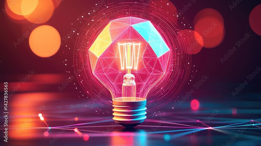 Poster polygon lightbulb with innovation and exchange concept. illuminated light bulb design showcasing dig