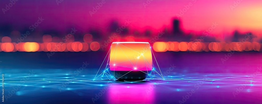 Poster polygon lightbulb featuring lamp and network concept. futuristic glowing cube with vibrant neon ligh