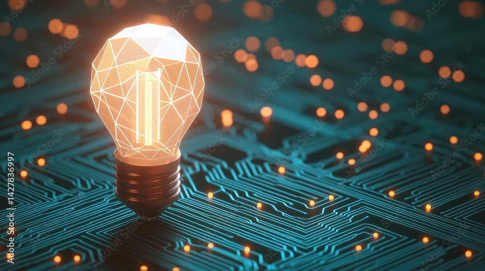 Poster polygon lightbulb featuring lamp and network concept. a glowing light bulb on a digital circuit boar