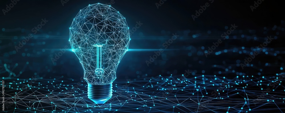 Poster Polygon lightbulb with innovation and exchange concept. Futuristic light bulb design with glowing network connections.