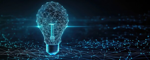 Polygon lightbulb with innovation and exchange concept. Futuristic light bulb design with glowing network connections.