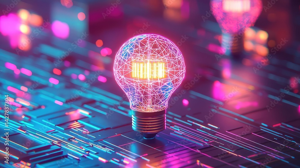 Poster Polygon lightbulb with innovation and exchange concept. Illuminated light bulb on circuit board with vibrant colors.