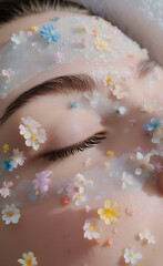 Close-up photo  of a young woman with a facial mask applied with colorful flowers. The concept of natural, eco-friendly cosmetics. Healthy skin, skin care, anti-aging cosmetics.