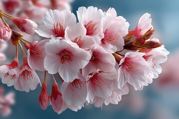 Blossoming cherry trees with delicate pink flowers under a clear blue sky during springtime