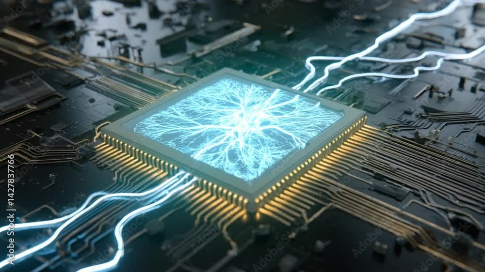 Poster high-tech processor: a detailed view of a computer processor with intricate circuits, glowing energy