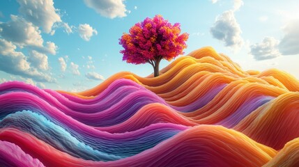 Vibrant, colorful hills with a single tree