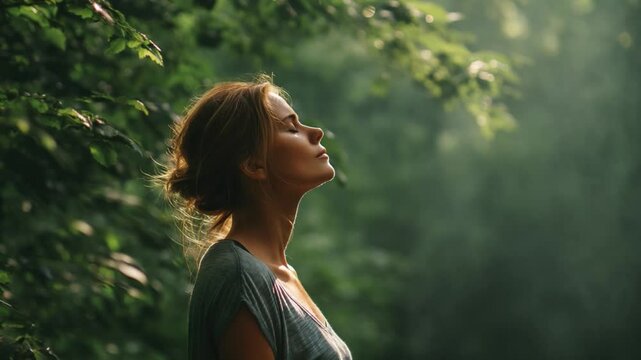 Peaceful Moment in Nature: A young woman with eyes closed, stands amidst lush green foliage, sunlight filtering through the leaves, conveying serenity and peace.
