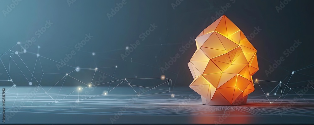 Poster Polygon lightbulb featuring lamp and network concept. Abstract geometric shape illuminated with soft glowing light.