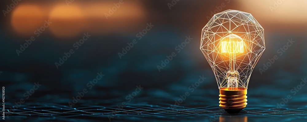 Poster Polygon lightbulb featuring lamp and network concept. A glowing light bulb on a reflective surface, symbolizing ideas.