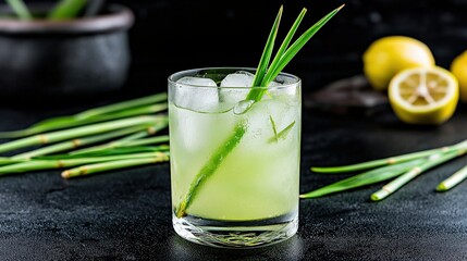 Fototapeta premium Refreshing drink recipe with lemongrass home bar beverage photography dark background close-up culinary art