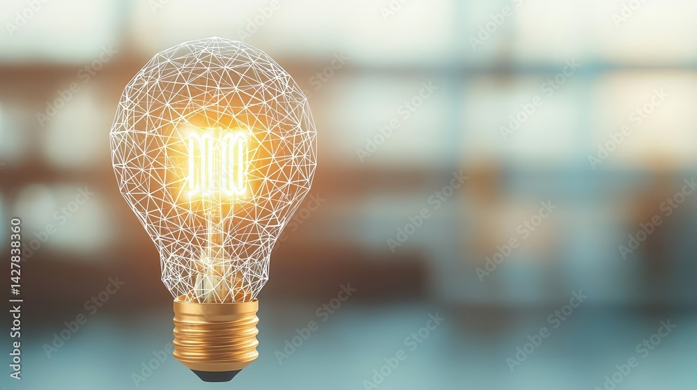 Poster Polygon lightbulb featuring lamp and network concept. Illuminated light bulb with a creative wireframe design.