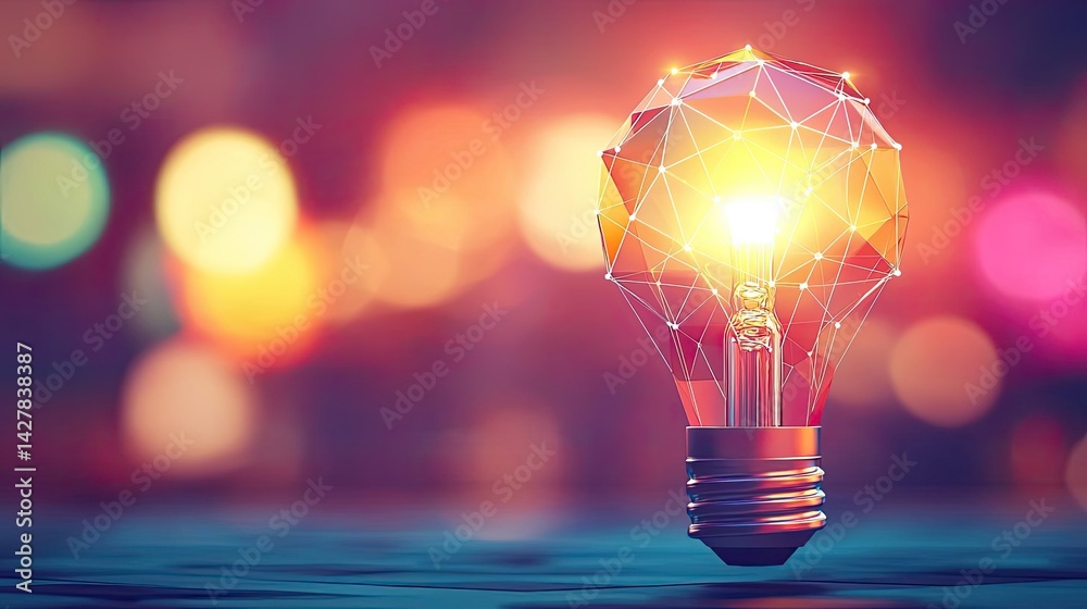 Poster Polygon lightbulb featuring lamp and network concept. A glowing light bulb representing innovative ideas and creativity.