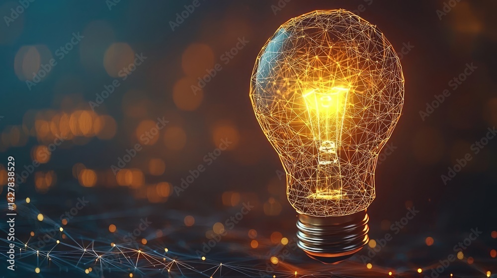 Poster polygon lightbulb with innovation and exchange concept. illuminated light bulb with intricate glowin