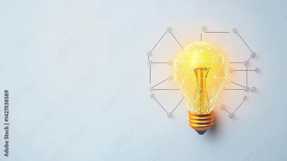 Poster Polygon lightbulb featuring lamp and network concept. A glowing light bulb symbolizing innovation and bright ideas.