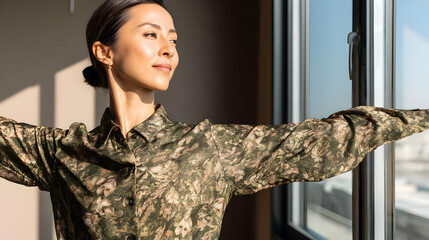 stretching and breathing deeply near window early morning with calm and focused expression