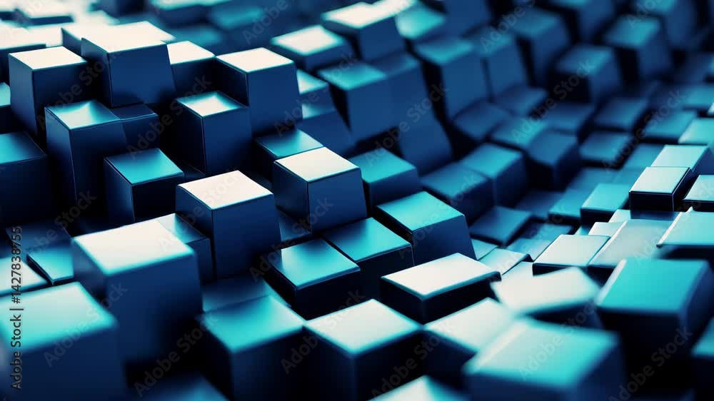 Poster cubes creating a wave pattern in dynamic motion with two-tone blue colors, cubes form a wave abstrac