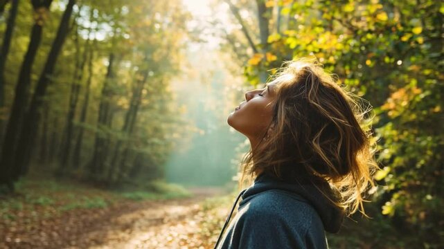 Embracing the Sunlight: A woman basks in the sun, feeling the warmth of the sunlight and the fresh air on her face as she breathes deeply. Enjoying a moment of serenity and peace in nature.