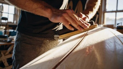 Hands of a male surfboard shaper work on a handcrafted wooden surfboard in a workshop. Sunlight illuminates the smooth surface. Water sports, summer activity. Close-up shot - Powered by Adobe