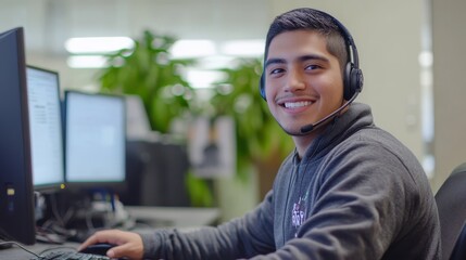 Portrait of happy young male customer support operator sitting at his desk in call center
