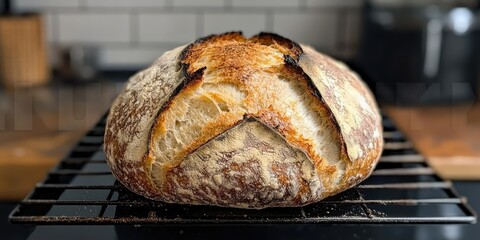 A freshly baked loaf of sourdough bread with a crispy golden crust