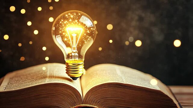 Glowing light bulb arises from open book symbolizing creative ideas and inspiration in dark ambiance, A glowing light bulb emerges from an open book, symbolizing the power of knowledge and inspiration