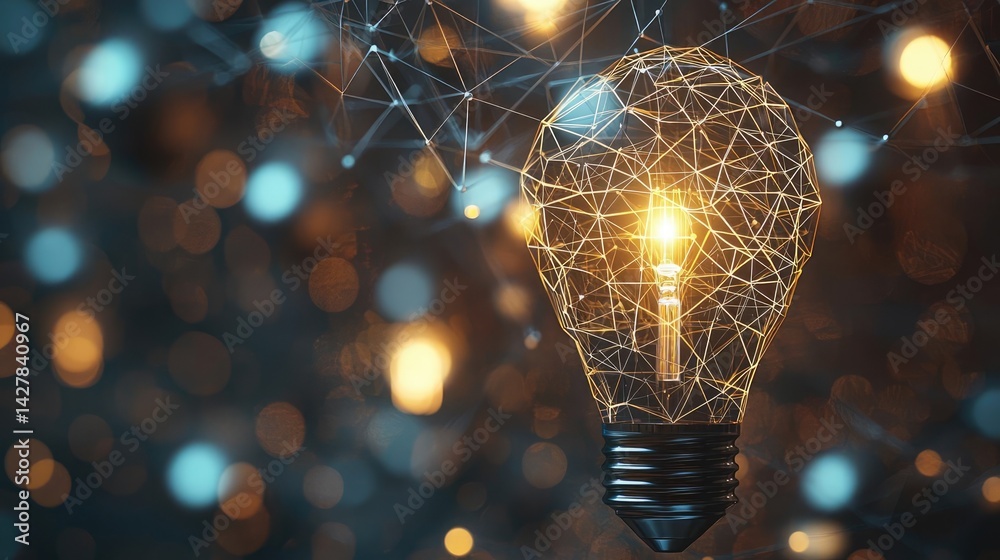 Poster Polygon lightbulb with innovation and exchange concept. Illuminated light bulb with a network of connections and ideas.