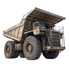 Dump truck side profile of a massive off-road mining vehicle with heavy-duty tires and rugged design