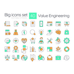 Value engineering line color icons set. Target audience, marketing. Process management, workflow diagram. Vector illustrations. Simple flat colorful symbols collection. Editable stroke