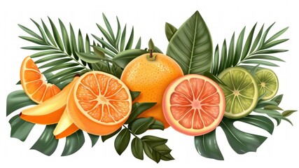 Colorful illustration of tropical fruits and leaves on a white background.