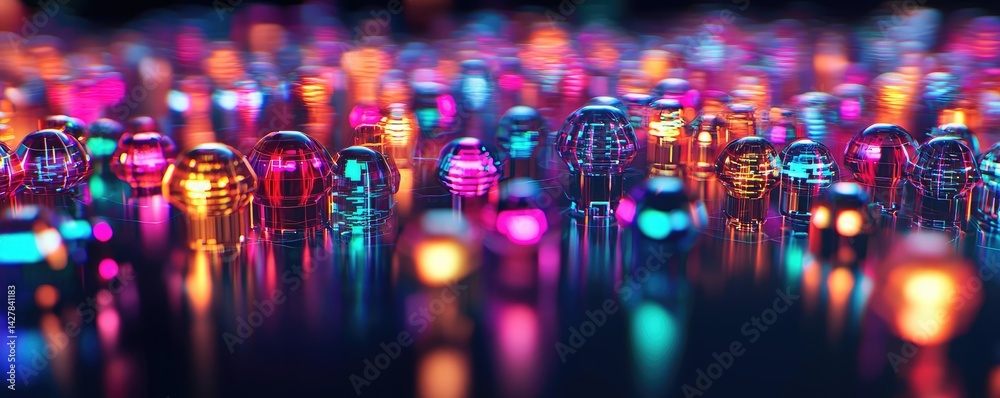 Poster Polygon lightbulb with innovation and exchange concept. Vibrant colorful spheres reflecting light in a mesmerizing display.