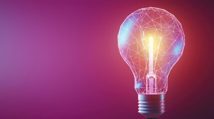 Polygon lightbulb featuring lamp and network concept. A glowing light bulb with intricate designs on a vibrant background.