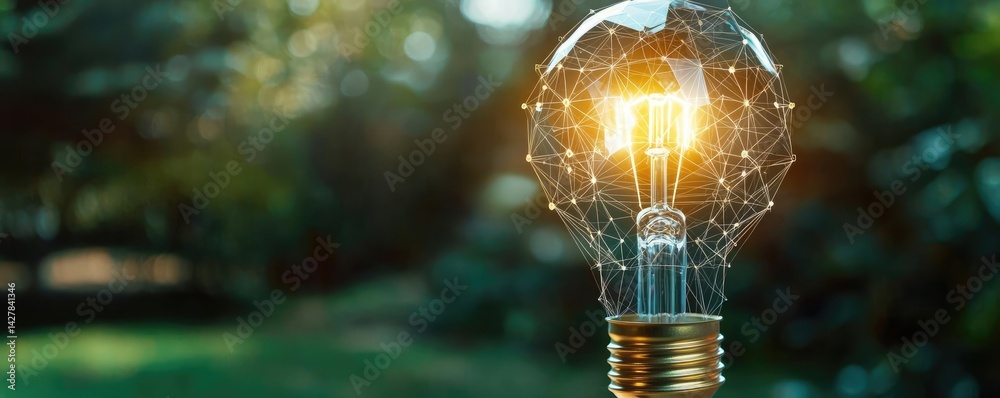 Poster Polygon lightbulb featuring lamp and network concept. A close-up view of a glowing light bulb among greenery.